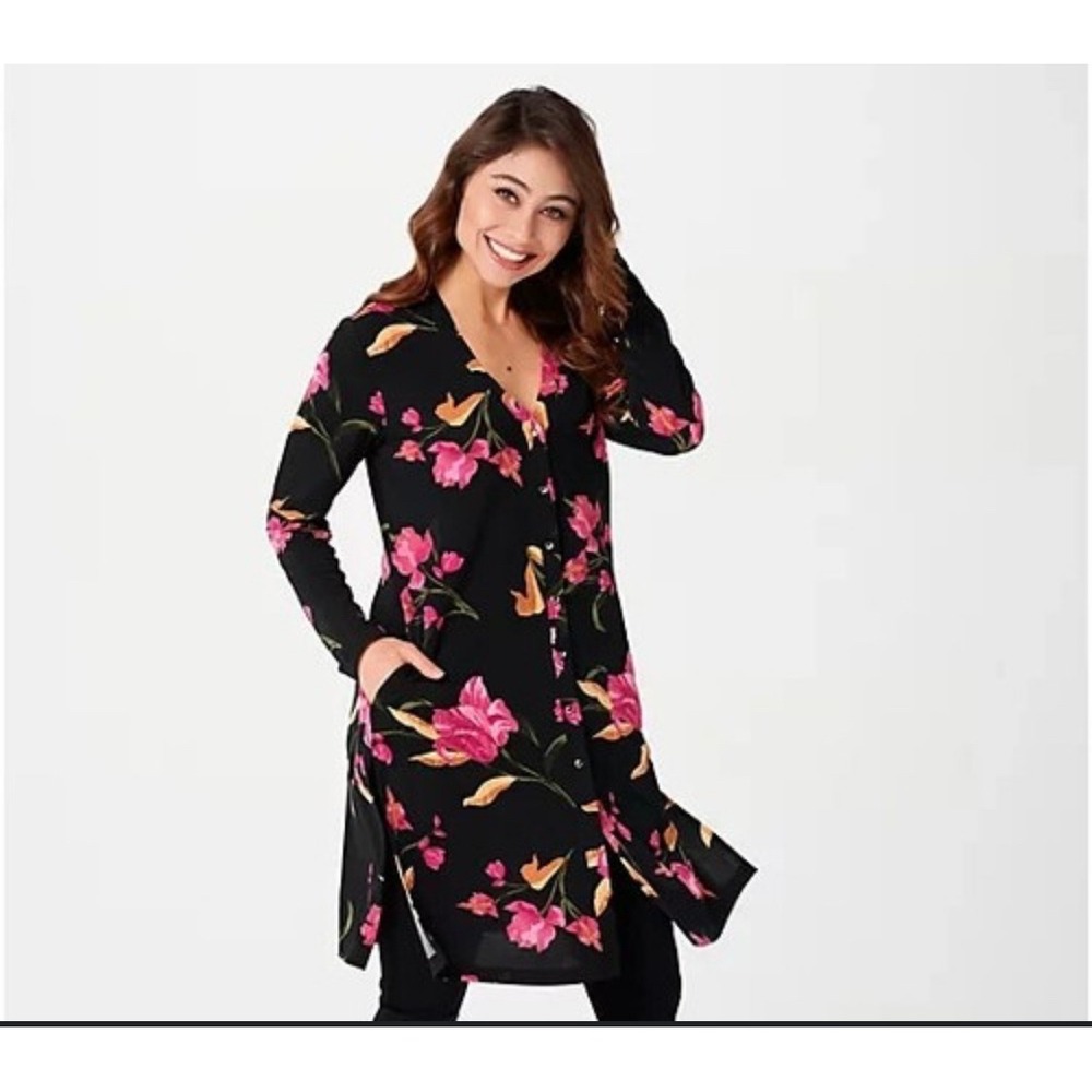 Susan Graver Black Floral Long Sleeve Button Front Tunic Top Cardigan Dress XL